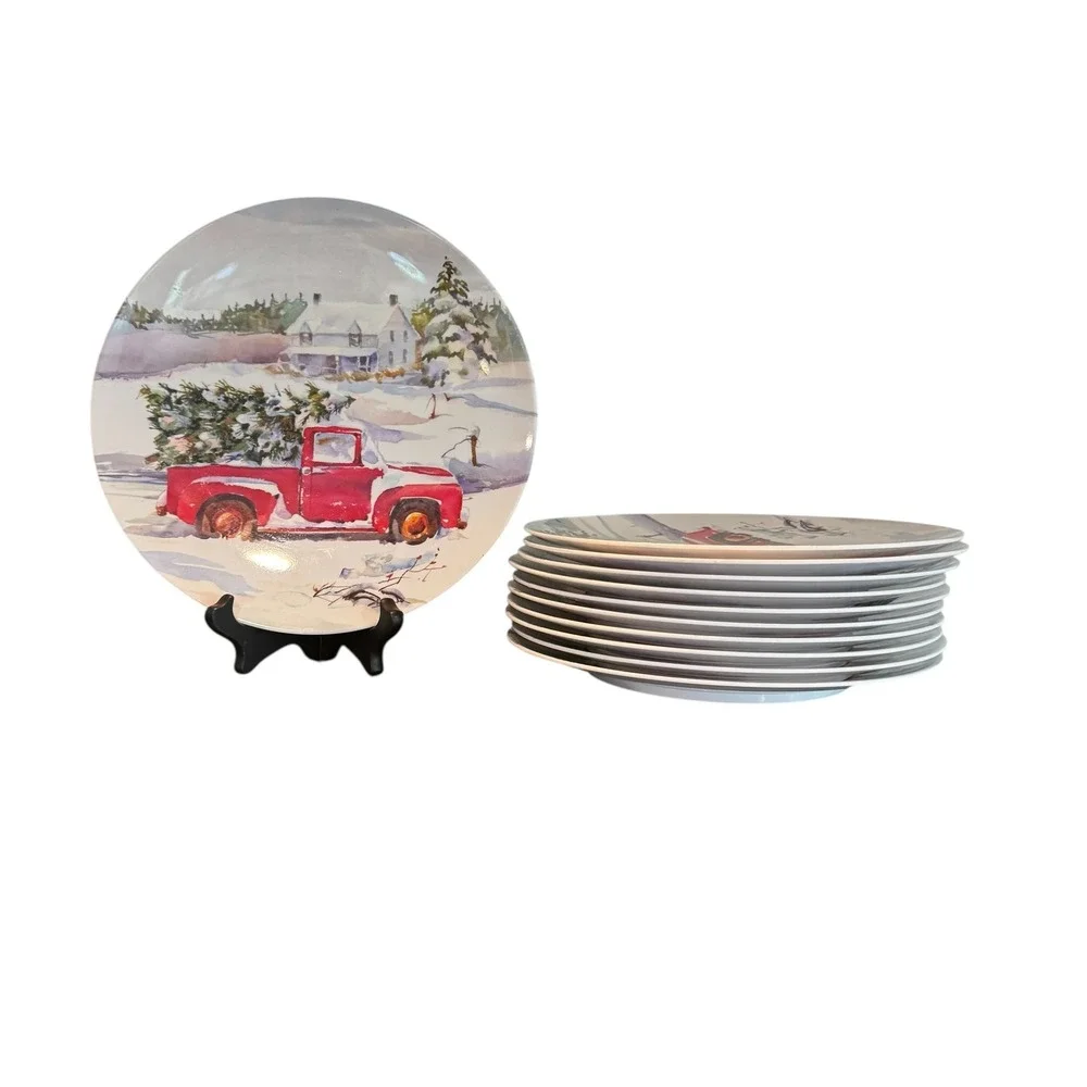 Holiday Time Dinner Plates Red Truck Christmas Tree Melamine 10.5 in